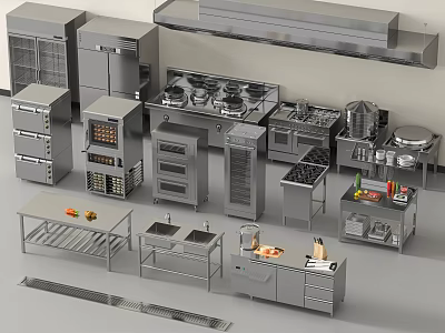 Modern back kitchen equipment back kitchen console stainless steel kitchenware rolling table steaming oven frying area bread display shelf 3d model