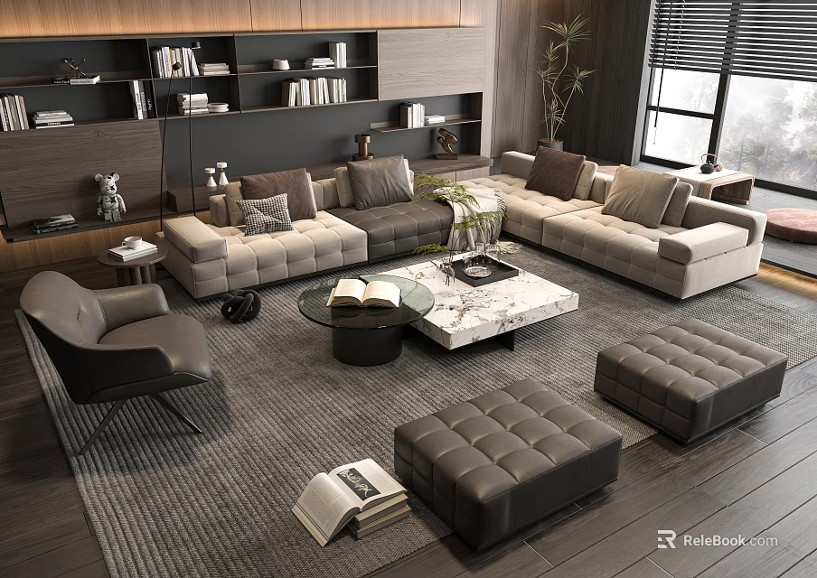 Modern L shaped Sofa Coffee Table Set With Marble Top And Ottoman Stools Living Room 3d model 