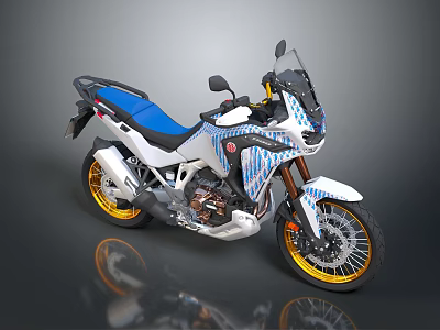 Adventure Motorcycle With White Body Red Patterns Blue Seat And Gold Wheels 3d model