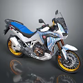 Adventure Motorcycle With White Body Red Patterns Blue Seat And Gold Wheels
