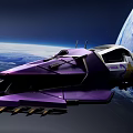 Futuristic Purple Spaceship Flying In Space With Blue Planet Background