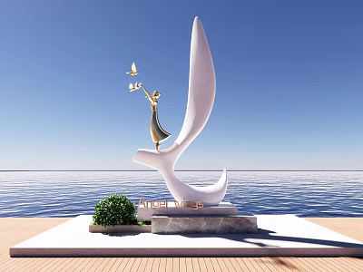 White Sculpture With Golden Figure On Wooden Platform By Blue Sky And Sea View 3d model