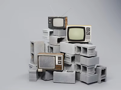 Vintage Televisions Stacked With Gray Concrete Blocks Display Design 3d model