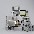 Vintage Televisions Stacked With Gray Concrete Blocks Display Design