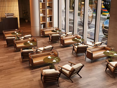 Cozy Café Interior With Wooden Floors Brown Sofas Round Tables Green Plants And Large Windows 3d model