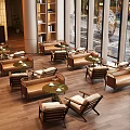 Cozy Café Interior With Wooden Floors Brown Sofas Round Tables Green Plants And Large Windows