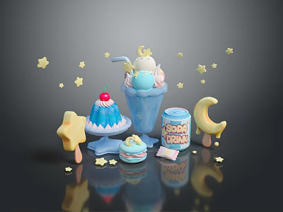 Cute Sweet Desserts Including Ice Cream Cake Star Moon Shaped Treats 3d model