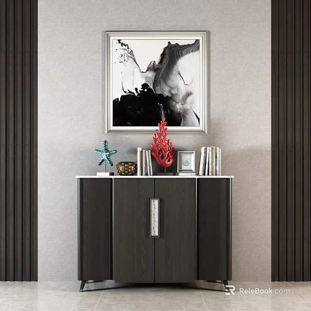 Modern Entryway Console Cabinet With Black White Abstract Painting Books And Decorative Pieces 3d model 