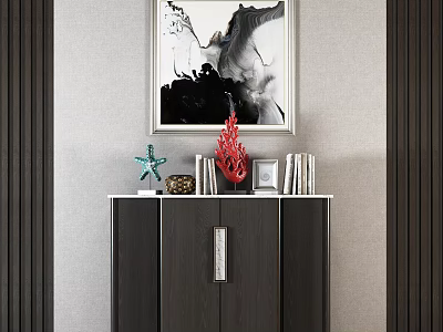 Modern Entryway Console Cabinet With Black White Abstract Painting Books And Decorative Pieces 3d model