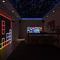 Modern Entertainment Room With Starry Sky Ceiling Neon Lights TV Bar And Stools