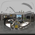 Elegant Modern Dining Living Room Interior With Dining Table Sofa Chandeliers Fireplace And Marble Floor