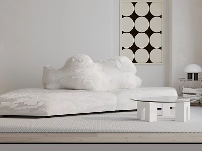 White Minimalist Two Seater Sofa with Black and White Circular Wall Art and Coffee Table 3d model