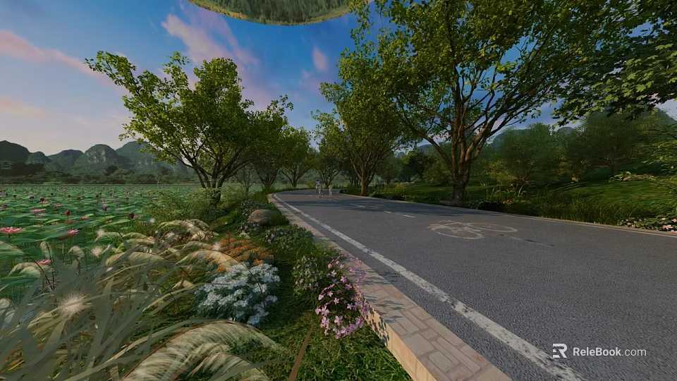 Scenic Park Landscape With Lush Trees Flower Beds Winding Path Distant Mountains And Blue Sky 3d model 