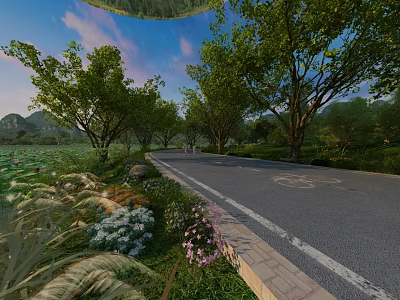 Scenic Park Landscape With Lush Trees Flower Beds Winding Path Distant Mountains And Blue Sky 3d model