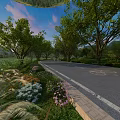 Scenic Park Landscape With Lush Trees Flower Beds Winding Path Distant Mountains And Blue Sky