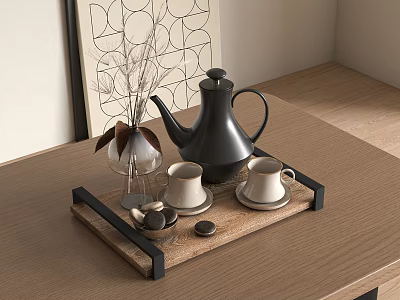 Elegant Tea Set With Black Teapot White Teacups On Wooden Tray And Dried Branch Decoration 3d model