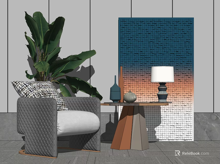 Gray Single Sofa With Patterned Pillow And Side Table Lamp Vase Green Plant Mosaic Wall 3d model