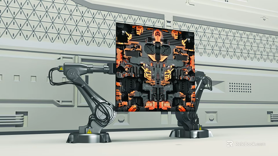 Smart Machine With Robotic Arms Complex Screen Featuring Orange Black Patterns And Geometric Gray Structure 3d model 