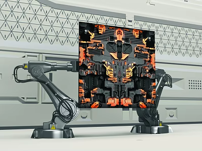 Smart Machine With Robotic Arms Complex Screen Featuring Orange Black Patterns And Geometric Gray Structure 3d model