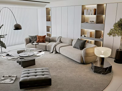Modern Light Grey Sofa And Round Glass Top Coffee Table Set With Floor Lamp Ottoman 3d model