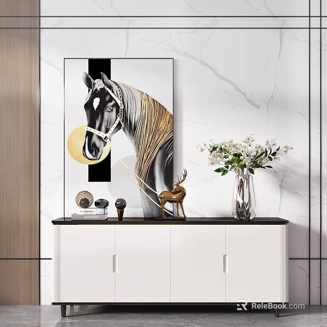 White TV Cabinet With Decorative Painting Vase Deer Ornament And Marble Wall 3d model 