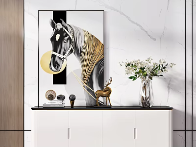 White TV Cabinet With Decorative Painting Vase Deer Ornament And Marble Wall 3d model