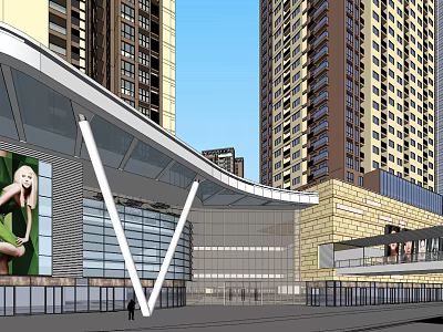 Urban Commercial Complex With Modern Architecture High Rise Buildings Glass Curtain Walls And Pedestrians 3d model