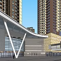 Urban Commercial Complex With Modern Architecture High Rise Buildings Glass Curtain Walls And Pedestrians