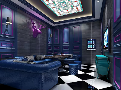 Elegant KTV Interior With Dark Blue Sofas Checkered Floor And Stained Glass Ceiling 3d model