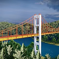 Red Suspension Bridge With White Towers Over Blue River By Green Forest