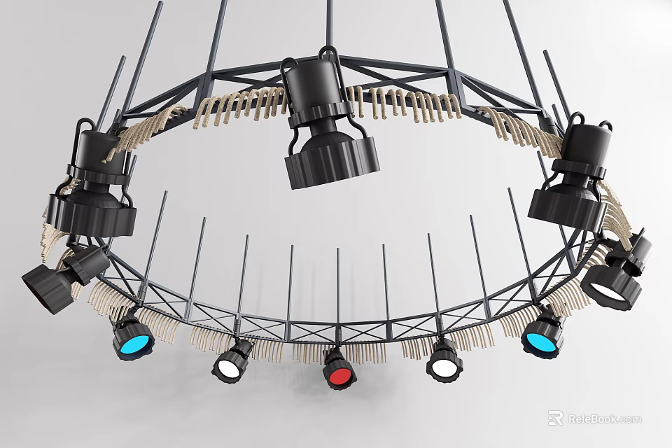 Circular Decorative Light With Metal Frame Multiple Light Heads And Colorful Blue Red White Lights 3d model 