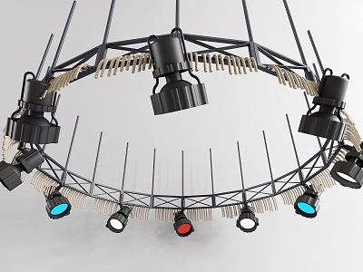 Circular Decorative Light With Metal Frame Multiple Light Heads And Colorful Blue Red White Lights 3d model