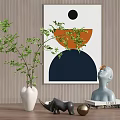 Decorative Ornament Set Including Green Plant White Vase Black Rhino Figurine and Geometric Wall Art