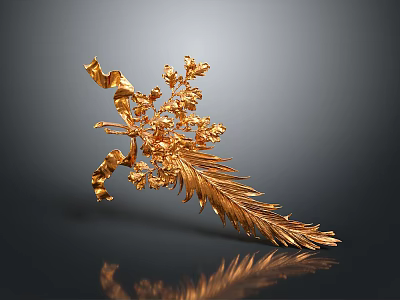Artistic Intricate Golden Sculpture Carving With Feather Flowers And Decorative Leaves 3d model