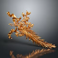 Artistic Intricate Golden Sculpture Carving With Feather Flowers And Decorative Leaves