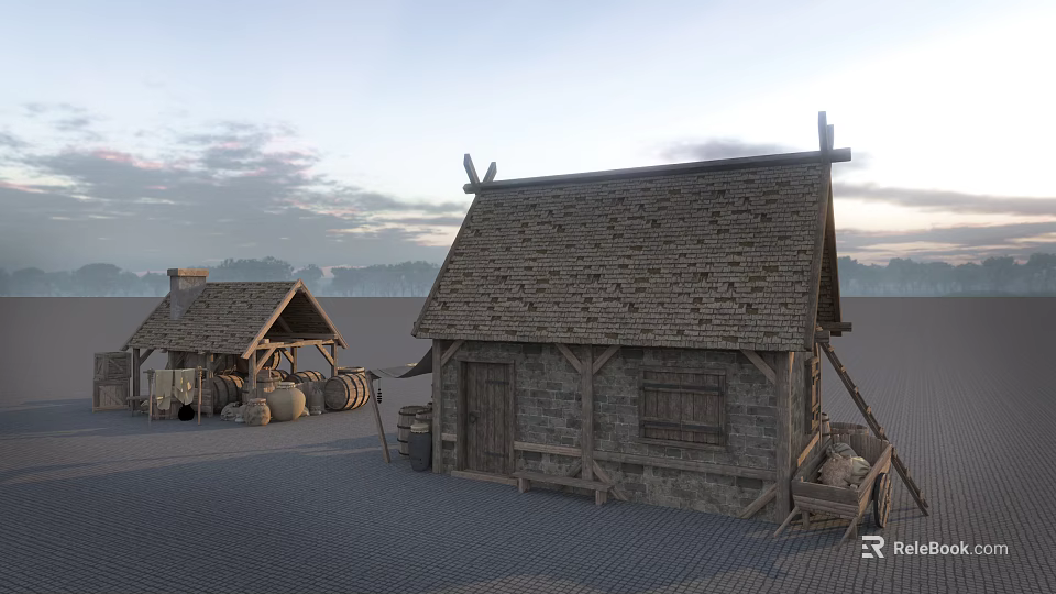 Ancient Rural Cottage With Wooden Stone Structure Thatch Roof And Barrels Wheelbarrow 3d model 