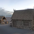 Ancient Rural Cottage With Wooden Stone Structure Thatch Roof And Barrels Wheelbarrow