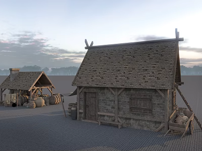 Ancient Rural Cottage With Wooden Stone Structure Thatch Roof And Barrels Wheelbarrow 3d model
