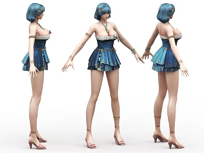 Blue Haired Woman in Blue Off Shoulder Dress with High Heels and Accessories 3d model