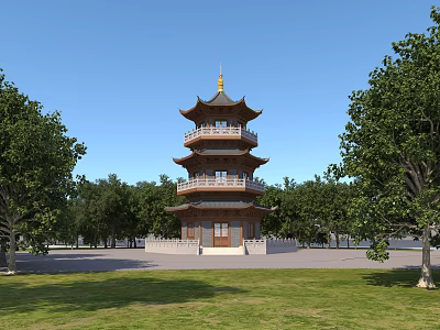 Traditional Chinese Multi Tiered Pagoda Surrounded by Green Trees and Grassland Under Blue Sky 3d model