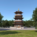 Traditional Chinese Multi Tiered Pagoda Surrounded by Green Trees and Grassland Under Blue Sky