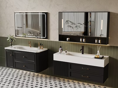 Modern Bathroom Interior With Double Vanities Black Cabinets White Countertops Mirrors And Potted Plant 3d model