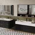 Modern Bathroom Interior With Double Vanities Black Cabinets White Countertops Mirrors And Potted Plant