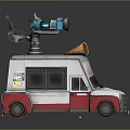 White and Red Ice Cream Truck Exterior With Green Mixer and Yellow Speakers on Top