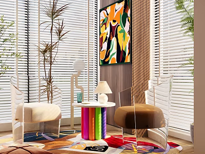 Modern Interior With Colorful Table And Transparent Chair Set Abstract Painting Plants And Blinds 3d model