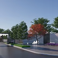 Modern TOMI Community Entrance Gate With White Walls Metal Structure And Trees