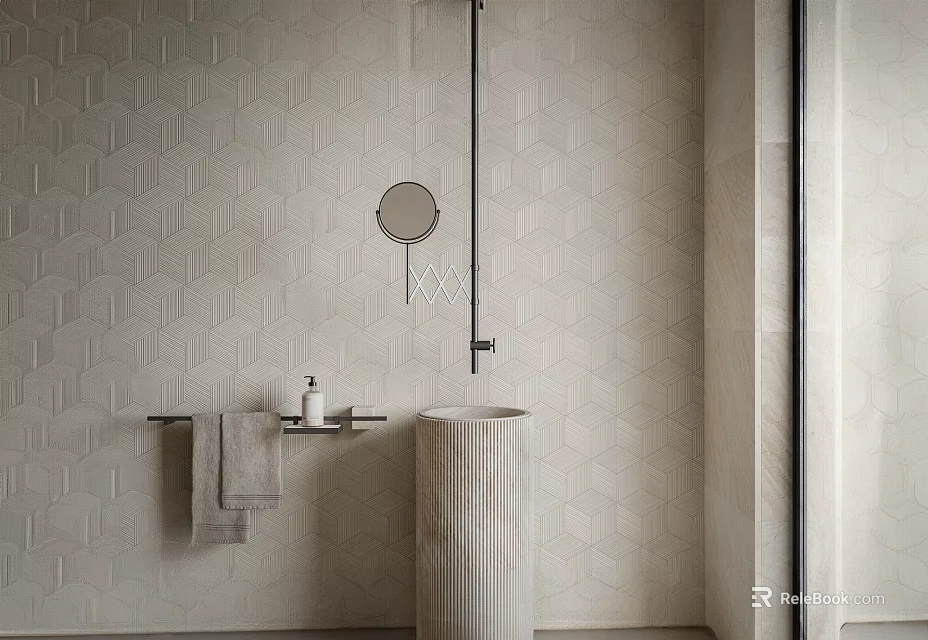 Modern Bathroom Towel on Rack with Hexagonal Tile Wall Round Mirror and Pedestal Sink 3d model 