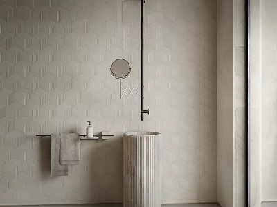 Modern Bathroom Towel on Rack with Hexagonal Tile Wall Round Mirror and Pedestal Sink 3d model