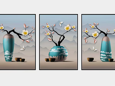 Chinese Style Triptych Paintings With Blue Vase Flower Branches Butterflies Teacups And Distant Mountains 3d model