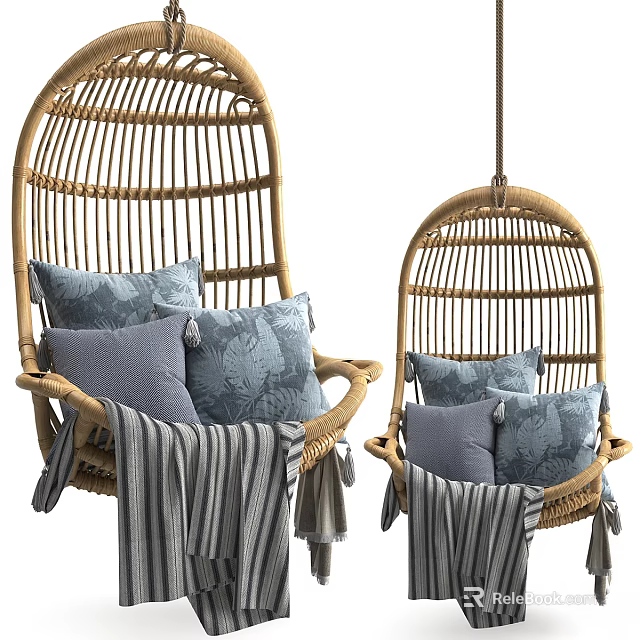 Stylish Rattan Leisure Chairs With Leaf Patterned Cushions And Striped Blankets Including Hanging Design 3d model 